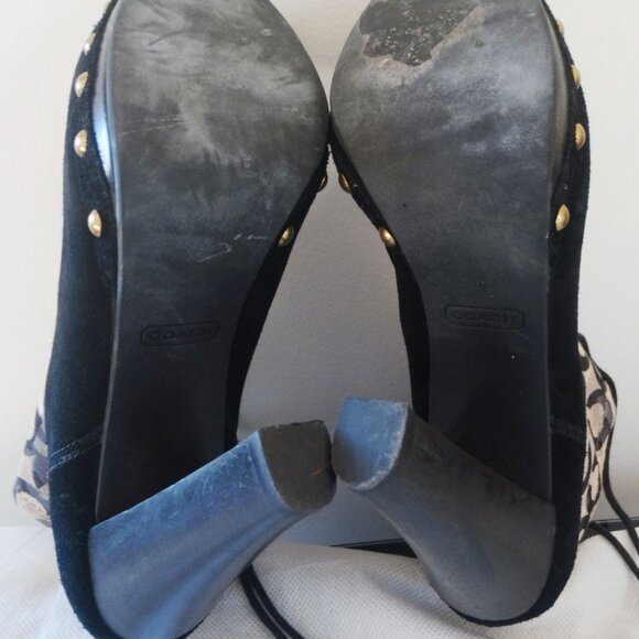 COACH EDIVA Size 7B Boots, Suede Canvas Ankle Platform 4" Heel Booties Studded - Picture 6 of 7